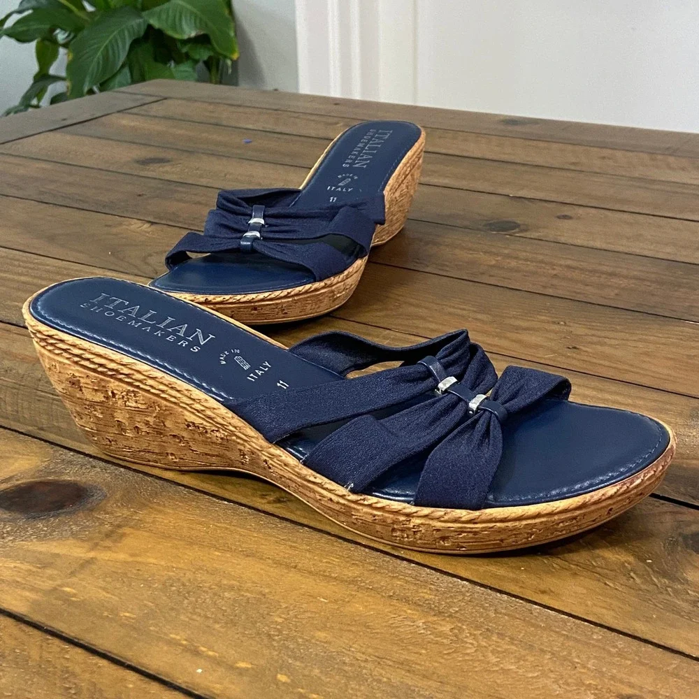 Italian Shoemakers Navy Blue Wedge‎ Sandals Knotted Strap Slides Womens 11 Italy